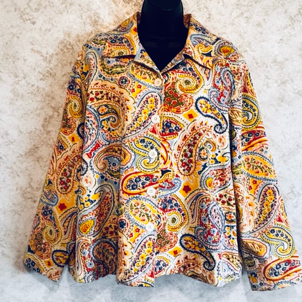 Life Style Woman Button Jacket Embellished Floral Paisley Sequins Beads Size 1X